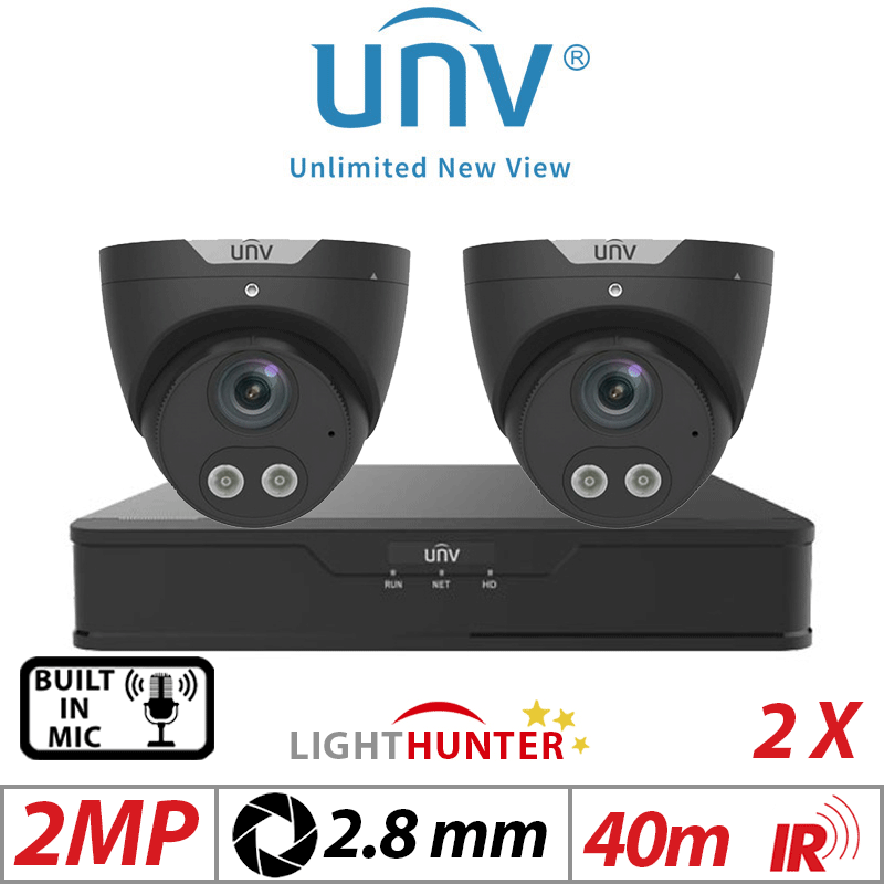2MP 4CH UNIVIEW KIT - 2X LIGHTHUNTER - BUILT-IN MIC - HD FIXED TURRET ANALOG CAMERA BLACK 2.8MM UAC-T122-AF28LM-BLACK