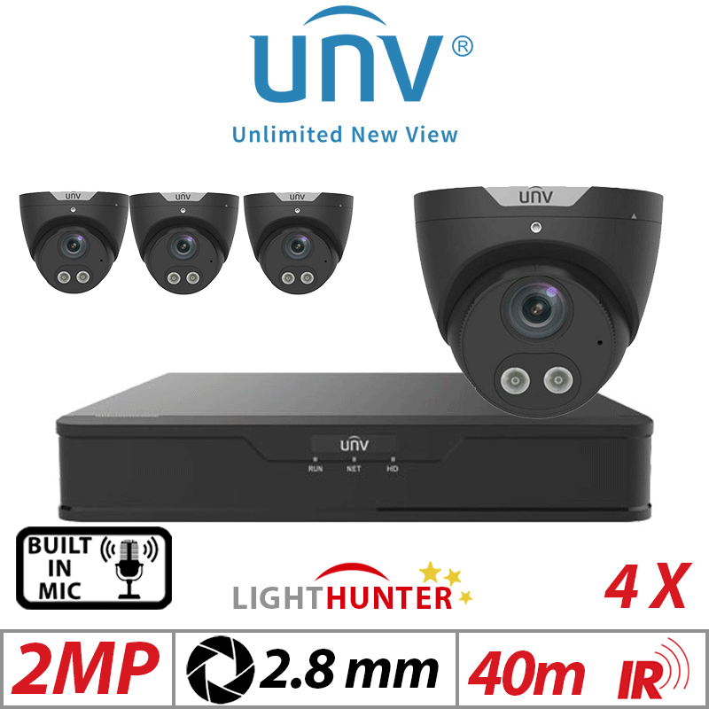 2MP 4CH UNIVIEW KIT - 4X LIGHTHUNTER - BUILT-IN MIC - HD FIXED TURRET ANALOG CAMERA BLACK 2.8MM UAC-T122-AF28LM-BLACK