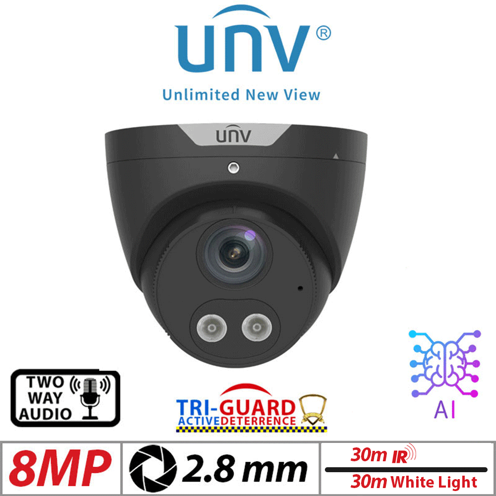 ??8MP UNIVIEW TRI-GUARD COLORHUNTER - 24/7 COLOUR - HD IR TURRET NETWORK CAMERA WITH LIGHT, AUDIBLE WARNING AND DEEP LEARNING ARTIFICIAL INTELLIGENCE 2.8MM BLACK IPC3618SB-ADF28KMC-I0