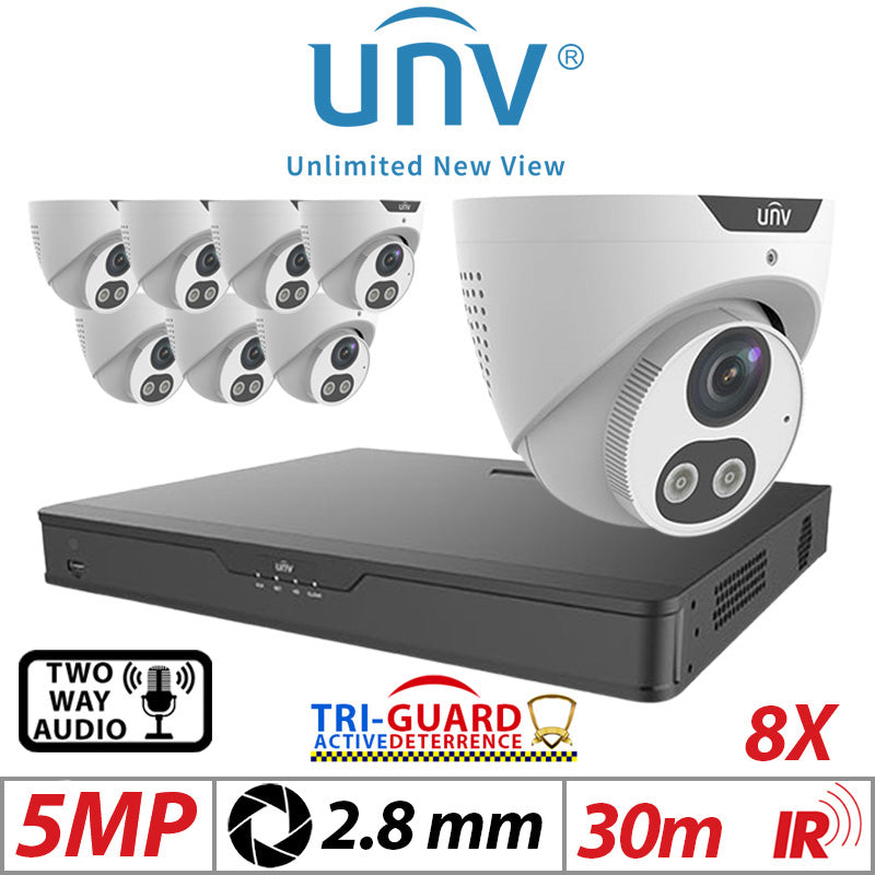 ?????5MP 16CH UNIVIEW KIT - ?08X - TRI-GUARD COLORHUNTER - 24/7 COLOUR - HD IR TURRET NETWORK CAMERA WITH LIGHT, AUDIBLE WARNING AND DEEP LEARNING ARTIFICIAL INTELLIGENCE 2.8MM IPC3615SB-ADF28KMC-I0 WHITE