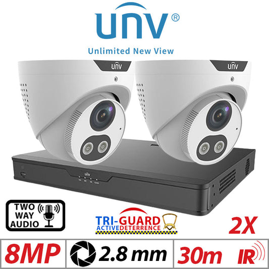 ????8MP 4CH UNIVIEW KIT - 2X - TRI-GUARD COLORHUNTER - 24/7 COLOUR - HD IR TURRET NETWORK CAMERA WITH LIGHT, AUDIBLE WARNING AND DEEP LEARNING ARTIFICIAL INTELLIGENCE 2.8MM IPC3618SB-ADF28KMC-I0 WHITE