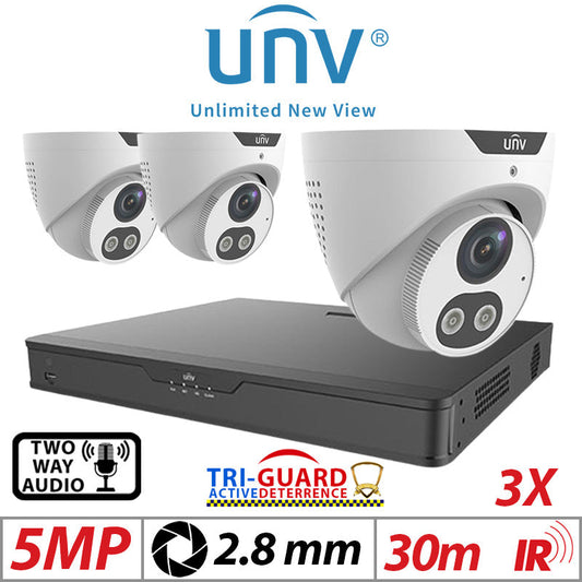 ?????5MP 4CH UNIVIEW KIT - 3X - TRI-GUARD COLORHUNTER - 24/7 COLOUR - HD IR TURRET NETWORK CAMERA WITH LIGHT, AUDIBLE WARNING AND DEEP LEARNING ARTIFICIAL INTELLIGENCE 2.8MM IPC3615SB-ADF28KMC-I0 WHITE