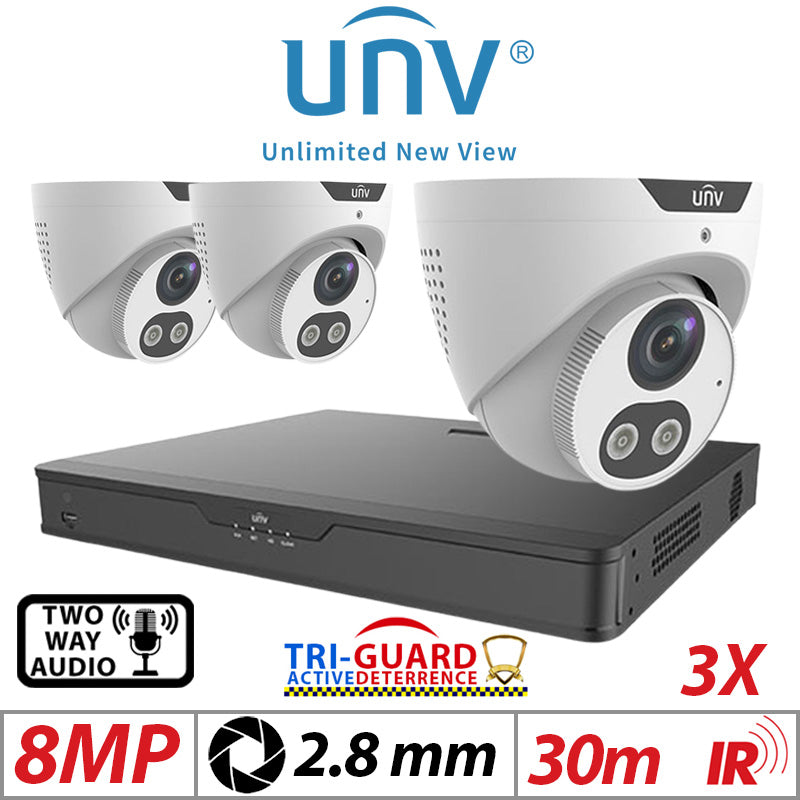 ????8MP 4CH UNIVIEW KIT - 3X - TRI-GUARD COLORHUNTER - 24/7 COLOUR - HD IR TURRET NETWORK CAMERA WITH LIGHT, AUDIBLE WARNING AND DEEP LEARNING ARTIFICIAL INTELLIGENCE 2.8MM IPC3618SB-ADF28KMC-I0 WHITE