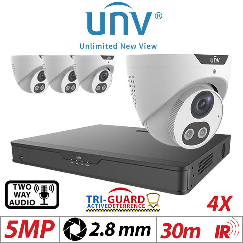 ?????5MP 4CH UNIVIEW KIT - 4X - TRI-GUARD COLORHUNTER - 24/7 COLOUR - HD IR TURRET NETWORK CAMERA WITH LIGHT, AUDIBLE WARNING AND DEEP LEARNING ARTIFICIAL INTELLIGENCE 2.8MM IPC3615SB-ADF28KMC-I0 WHITE