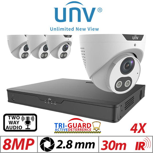 ????8MP 4CH UNIVIEW KIT - 4X - TRI-GUARD COLORHUNTER - 24/7 COLOUR - HD IR TURRET NETWORK CAMERA WITH LIGHT, AUDIBLE WARNING AND DEEP LEARNING ARTIFICIAL INTELLIGENCE 2.8MM IPC3618SB-ADF28KMC-I0 WHITE