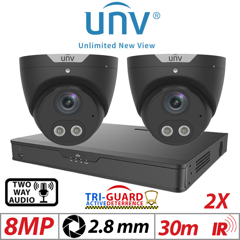 ????8MP 4CH UNIVIEW KIT - 2X - TRI-GUARD COLORHUNTER - 24/7 COLOUR - HD IR TURRET NETWORK CAMERA WITH LIGHT, AUDIBLE WARNING AND DEEP LEARNING ARTIFICIAL INTELLIGENCE 2.8MM IPC3618SB-ADF28KMC-I0 BLACK
