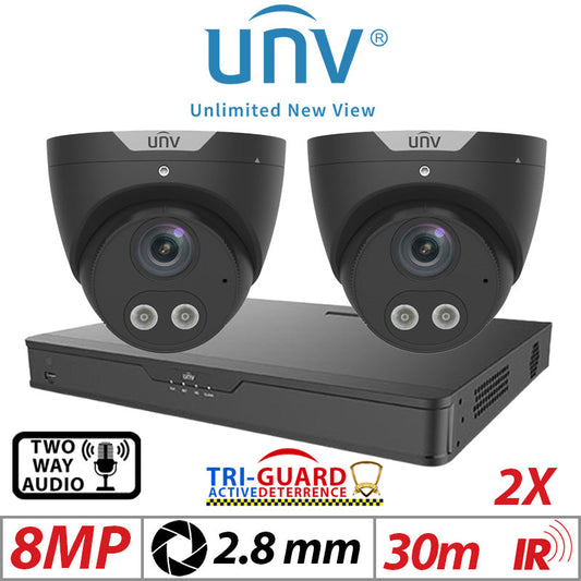 ????8MP 4CH UNIVIEW KIT - 2X - TRI-GUARD COLORHUNTER - 24/7 COLOUR - HD IR TURRET NETWORK CAMERA WITH LIGHT, AUDIBLE WARNING AND DEEP LEARNING ARTIFICIAL INTELLIGENCE 2.8MM IPC3618SB-ADF28KMC-I0 BLACK