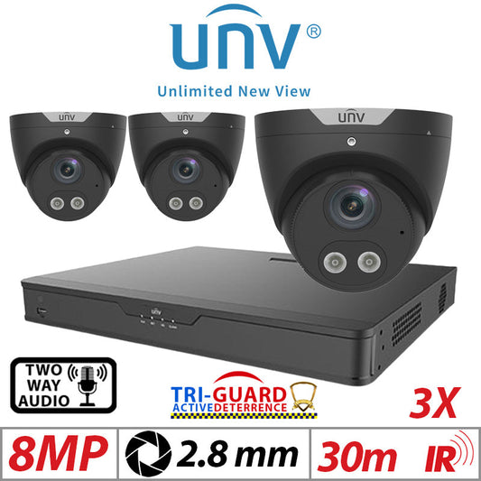 ????8MP 4CH UNIVIEW KIT - 3X - TRI-GUARD COLORHUNTER - 24/7 COLOUR - HD IR TURRET NETWORK CAMERA WITH LIGHT, AUDIBLE WARNING AND DEEP LEARNING ARTIFICIAL INTELLIGENCE 2.8MM IPC3618SB-ADF28KMC-I0 BLACK
