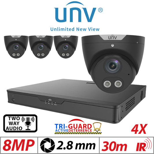 ????8MP 4CH UNIVIEW KIT - 4X - TRI-GUARD COLORHUNTER - 24/7 COLOUR - HD IR TURRET NETWORK CAMERA WITH LIGHT, AUDIBLE WARNING AND DEEP LEARNING ARTIFICIAL INTELLIGENCE 2.8MM IPC3618SB-ADF28KMC-I0 BLACK