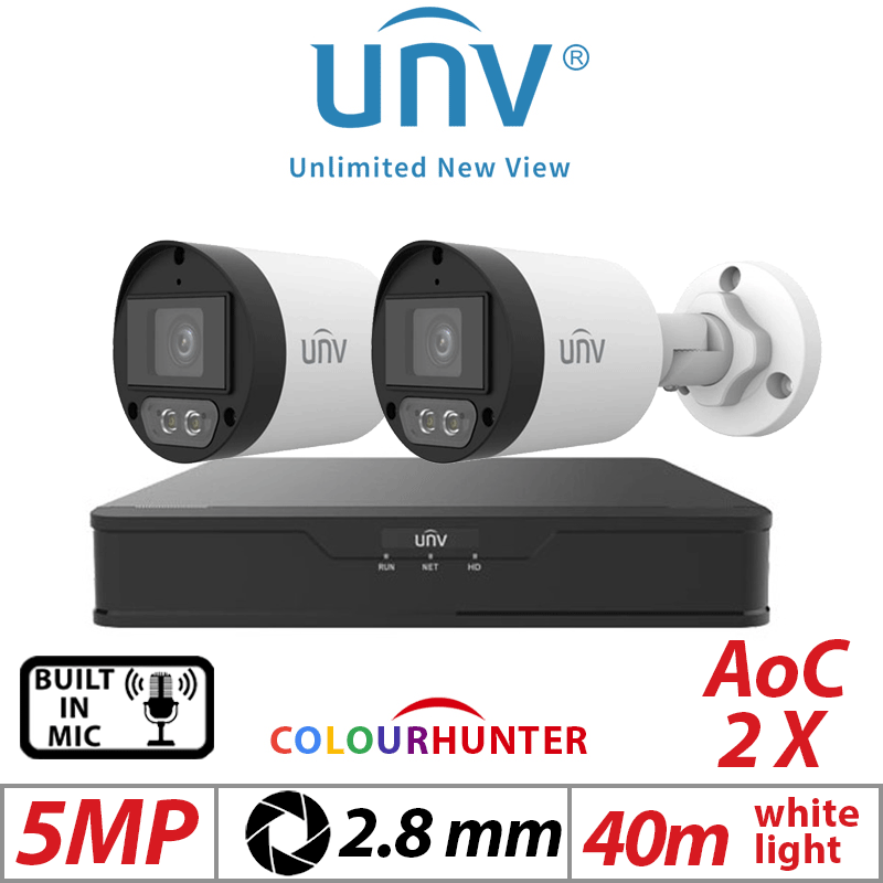 5MP 4CH UNIVIEW KIT - 2X COLORHUNTER - 24/7 COLOR- HD FIXED MINI BULLET ANALOG CAMERA WHITE 2.8MM UAC-B125-AF28M-W