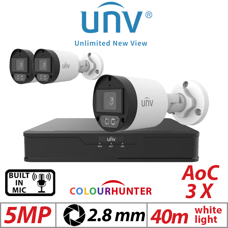 5MP 4CH UNIVIEW KIT - 3X COLORHUNTER - 24/7 COLOR- HD FIXED MINI BULLET ANALOG CAMERA WHITE 2.8MM UAC-B125-AF28M-W