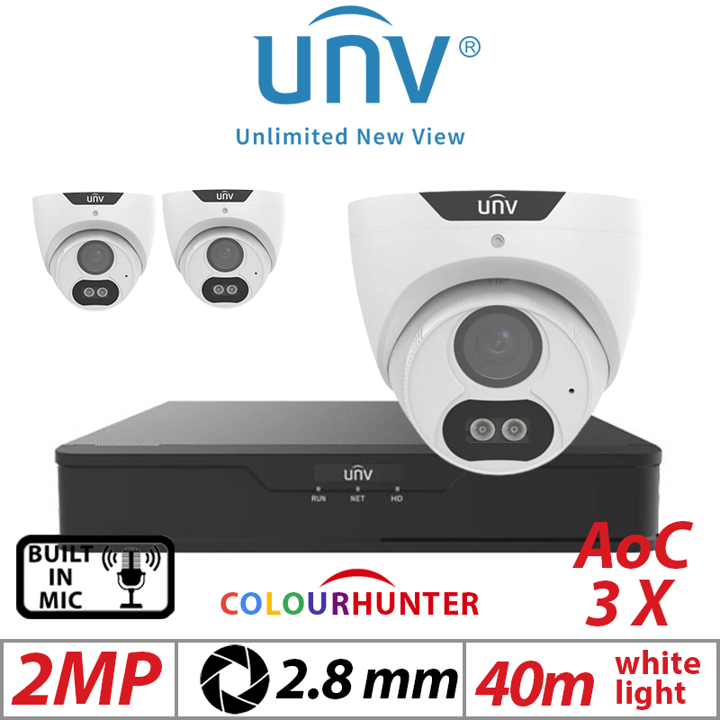 2MP 4CH UNIVIEW KIT - 3X COLORHUNTER - 24/7 COLOR IMAGES - BUILT-IN MIC - HD FIXED TURRET ANALOG CAMERA WHITE 2.8MM UAC-T122-AF28M-W