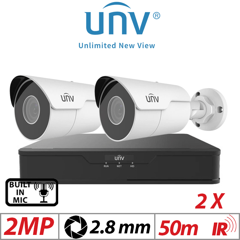 2MP 4CH UNIVIEW IP KIT - 2X MINI FIXED BULLET NETWORK CAMERA 2.8MM WHITE - IPC2122LR5-UPF28M-F