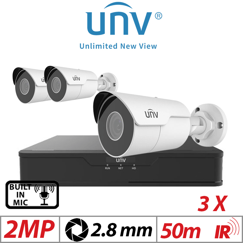 2MP 4CH UNIVIEW IP KIT - 3X MINI FIXED BULLET NETWORK CAMERA 2.8MM WHITE - IPC2122LR5-UPF28M-F