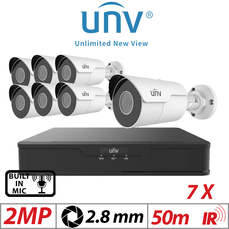 2MP 8CH UNIVIEW IP KIT - 7X MINI FIXED BULLET NETWORK CAMERA 2.8MM WHITE - IPC2122LR5-UPF28M-F