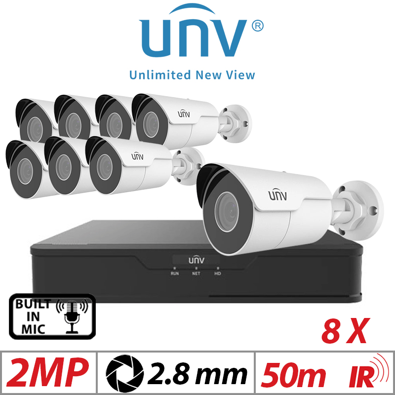 2MP 8CH UNIVIEW IP KIT - 8X MINI FIXED BULLET NETWORK CAMERA 2.8MM WHITE - IPC2122LR5-UPF28M-F