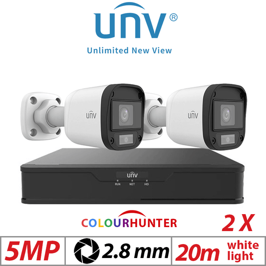 5MP 4CH UNIVIEW KIT - 2X COLOURHUNTER HD FIXED MINI BULLET ANALOG CAMERA WHITE 2.8MM UAC-B115-F28-W