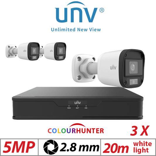 5MP 4CH UNIVIEW KIT - 3X COLOURHUNTER HD FIXED MINI BULLET ANALOG CAMERA WHITE 2.8MM UAC-B115-F28-W