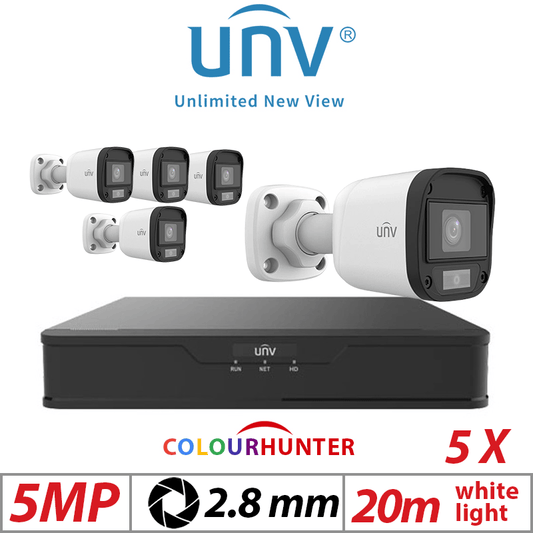 5MP 8CH UNIVIEW KIT - 5X COLOURHUNTER HD FIXED MINI BULLET ANALOG CAMERA WHITE 2.8MM UAC-B115-F28-W