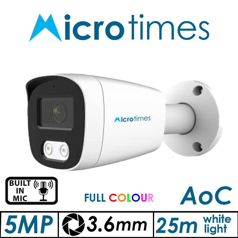 5MP MICROTIMES FULL COLOUR – HD FIXED BULLET HD ANALOGUE CAMERA WITH BUILT-IN MIC WHITE 3.6MM BLEXM500FCHDW