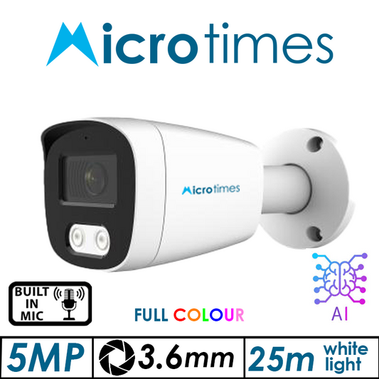 5MP MICROTIMES FULL COLOUR – HD FIXED BULLET HD NETWORK CAMERA WITH BUILT-IN MIC AND WITH DEEP LEARNING ARTIFICIAL INTELLIGENCE 3.6MM BLEXM500FCIPW