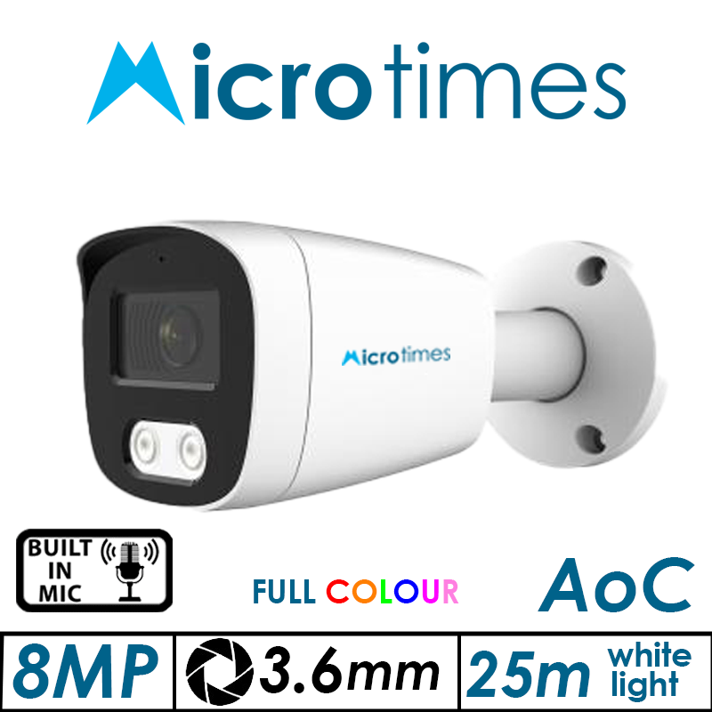 8MP MICROTIMES FULL COLOUR – HD FIXED BULLET HD ANALOGUE CAMERA WITH BUILT-IN MIC WHITE 3.6MM BLEXM800FCHDW