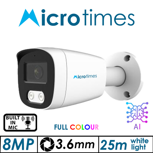 8MP MICROTIMES FULL COLOUR – HD FIXED BULLET HD NETWORK CAMERA WITH BUILT-IN MIC AND WITH DEEP LEARNING ARTIFICIAL INTELLIGENCE 3.6MM BLEXM800FCIPW