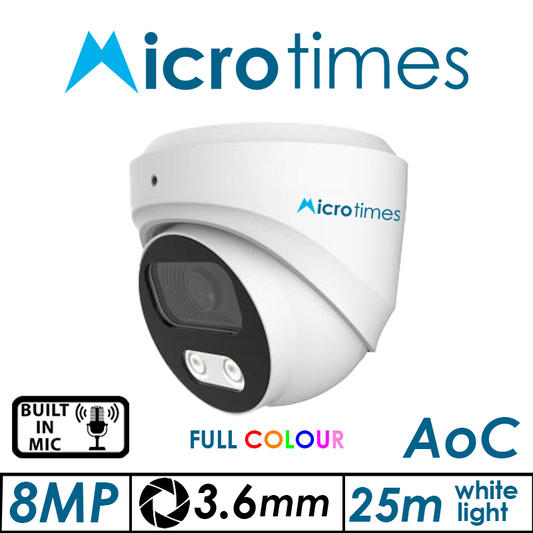 8MP MICROTIMES FULL COLOUR – HD FIXED DOME HD ANALOGUE CAMERA WITH BUILT-IN MIC WHITE 3.6MM DMEXM800FCHDW