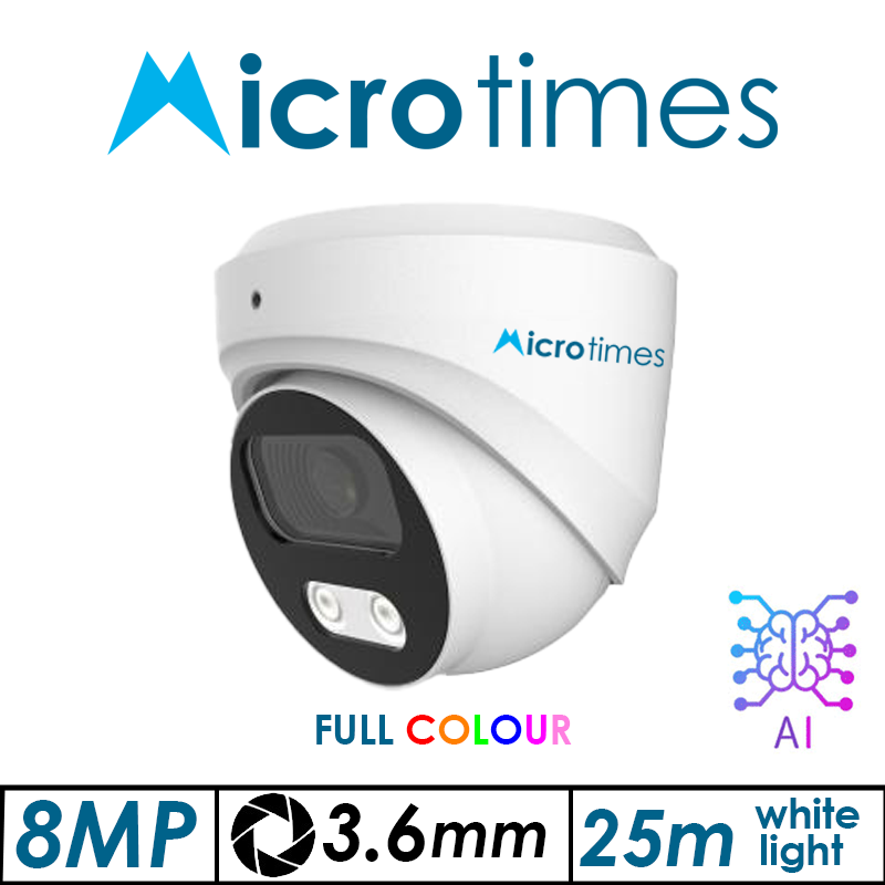 8MP MICROTIMES FULL COLOUR – HD FIXED DOME HD NETWORK CAMERA WITH DEEP LEARNING ARTIFICIAL INTELLIGENCE 3.6MM DMEXM800FCIPW