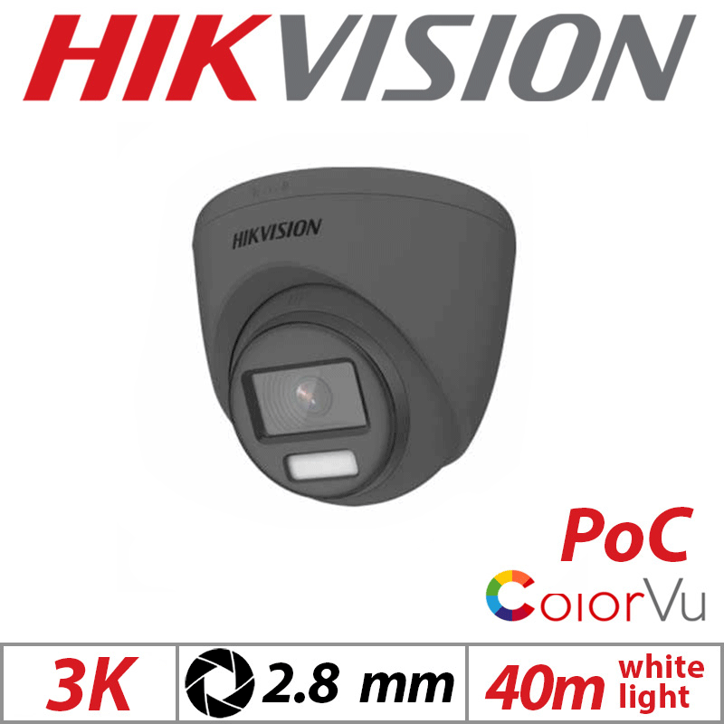 3K HIKVISION COLORVU POC LOW LIGHT FIXED TURRET CAMERA 2.8MM GREY DS-2CE72KF3T-E-2.8MM-GREY