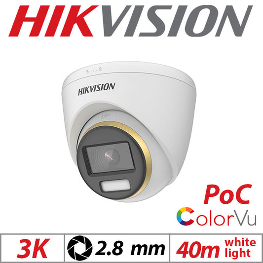 3K HIKVISION COLORVU POC LOW LIGHT FIXED TURRET CAMERA 2.8MM WHITE DS-2CE72KF3T-E