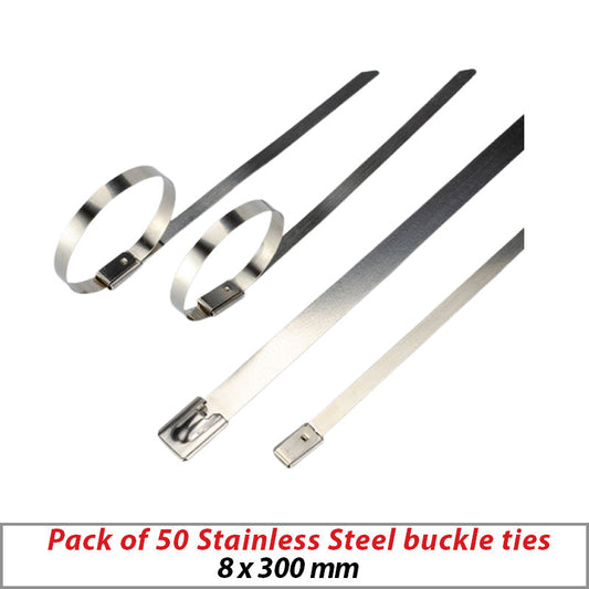 50X STAINLESS-STEEL-BUCKLE-TIES 8X300MM