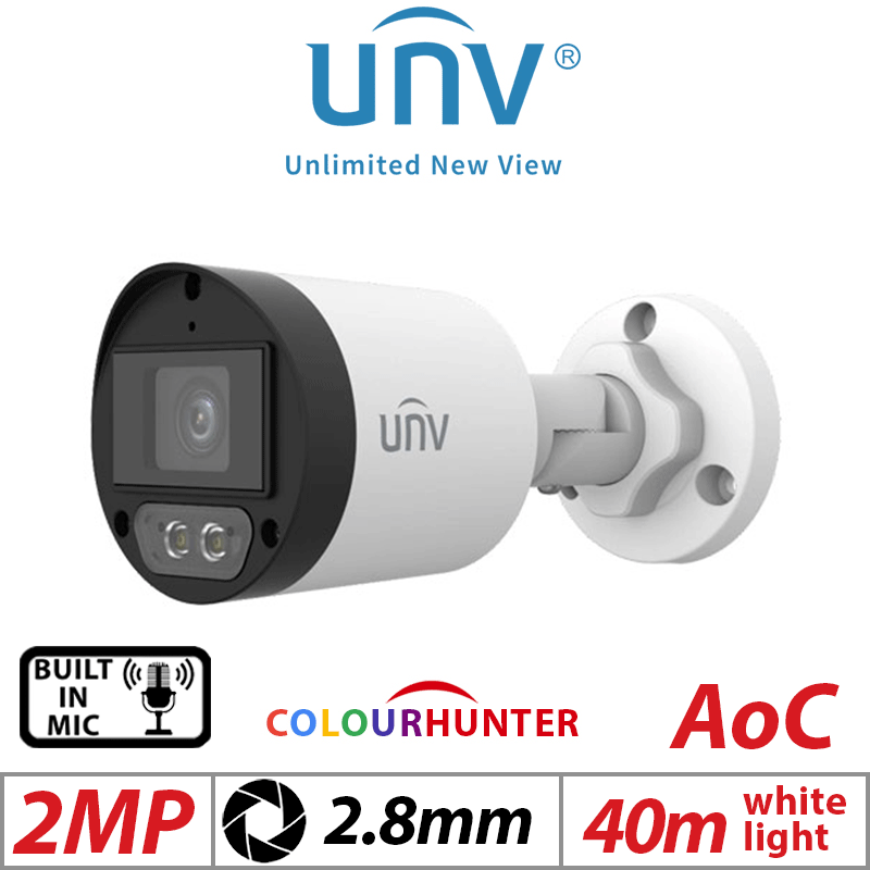 2MP UNIVIEW COLORHUNTER - 24/7 COLOR- HD FIXED MINI BULLET ANALOG CAMERA WHITE 2.8MM UAC-B122-AF28M-W