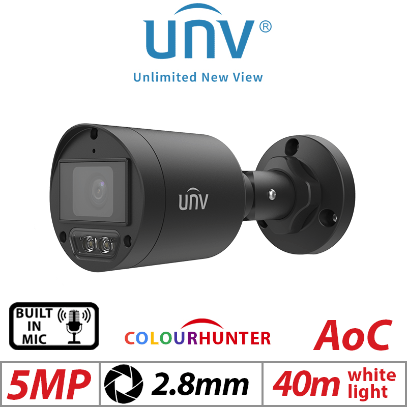 5MP UNIVIEW COLORHUNTER - 24/7 COLOR- HD FIXED MINI BULLET ANALOG CAMERA WITH BUILT-IN MIC BLACK 2.8MM UAC-B125-AF28M-W-BLACK