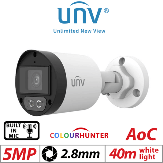 5MP UNIVIEW COLOR HUNTER - 24/7 COLOR- HD FIXED MINI BULLET ANALOG WITH BUILT-IN MIC CAMERA WHITE 2.8MM UAC-B125-AF28M-W