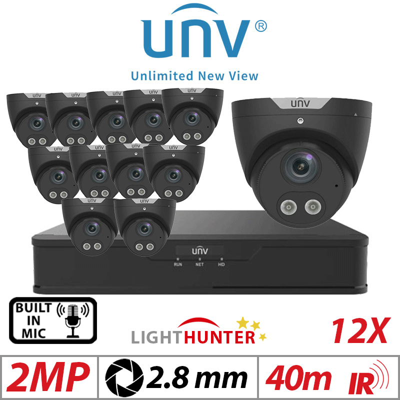 2MP 16CH UNIVIEW KIT - 12X LIGHTHUNTER - BUILT-IN MIC - HD FIXED TURRET ANALOG CAMERA BLACK 2.8MM UAC-T122-AF28LM-BLACK
