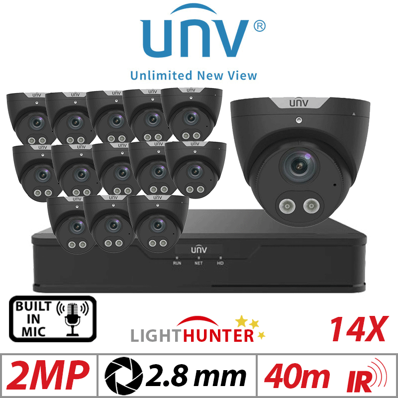 2MP 16CH UNIVIEW KIT - 14X LIGHTHUNTER - BUILT-IN MIC - HD FIXED TURRET ANALOG CAMERA BLACK 2.8MM UAC-T122-AF28LM-BLACK