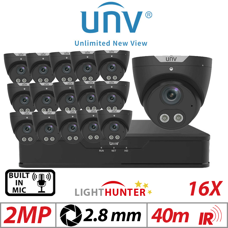 2MP 16CH UNIVIEW KIT - 16X LIGHTHUNTER - BUILT-IN MIC - HD FIXED TURRET ANALOG CAMERA BLACK 2.8MM UAC-T122-AF28LM-BLACK
