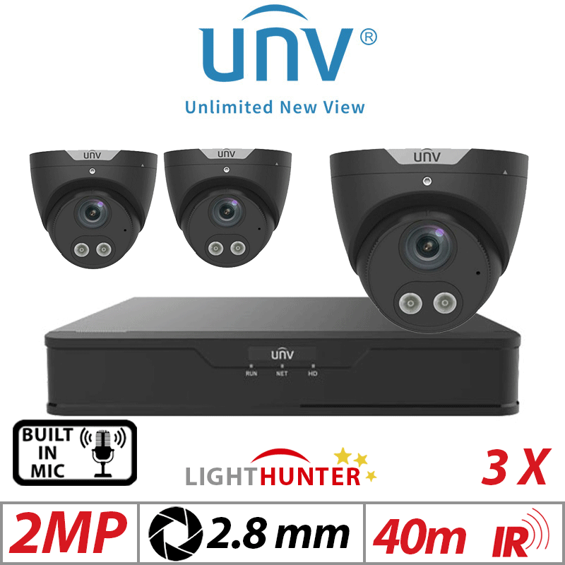 2MP 4CH UNIVIEW KIT - 3X LIGHTHUNTER - BUILT-IN MIC - HD FIXED TURRET ANALOG CAMERA BLACK 2.8MM UAC-T122-AF28LM-BLACK