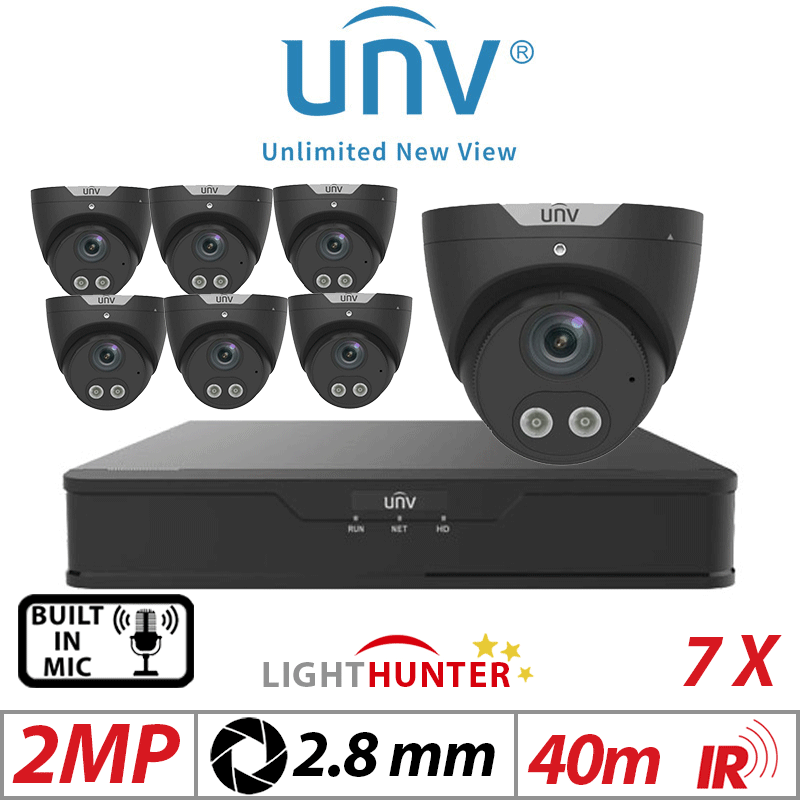 2MP 8CH UNIVIEW KIT - 7X LIGHTHUNTER - BUILT-IN MIC - HD FIXED TURRET ANALOG CAMERA BLACK 2.8MM UAC-T122-AF28LM-BLACK