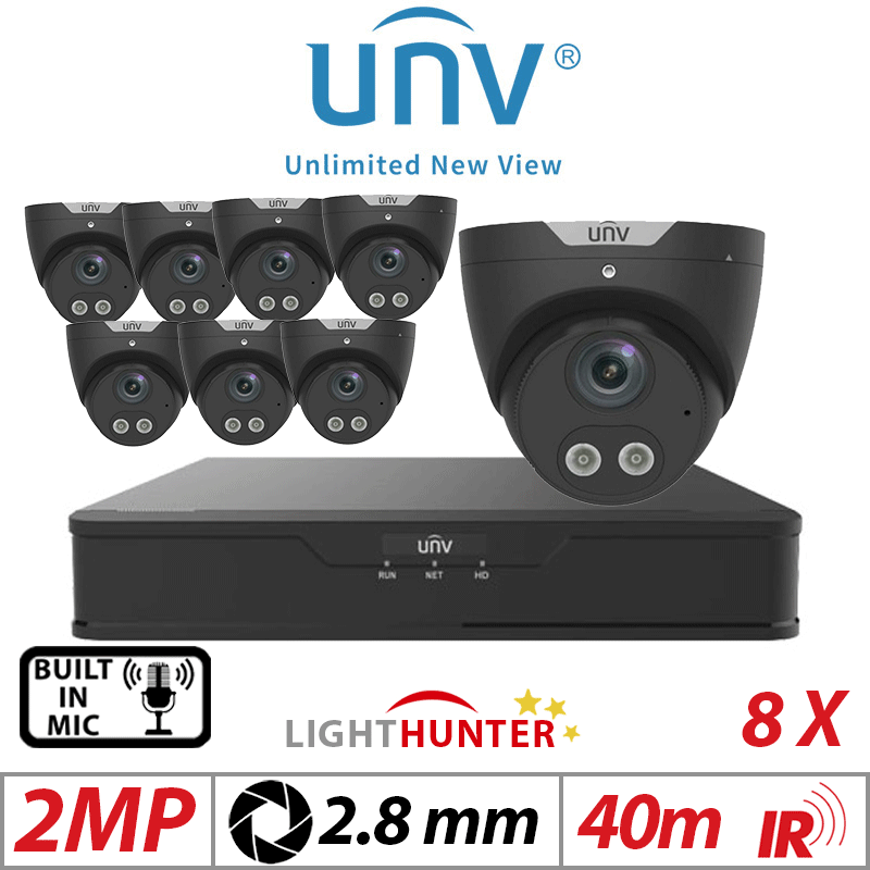2MP 16CH UNIVIEW KIT - 8X LIGHTHUNTER - BUILT-IN MIC - HD FIXED TURRET ANALOG CAMERA BLACK 2.8MM UAC-T122-AF28LM-BLACK