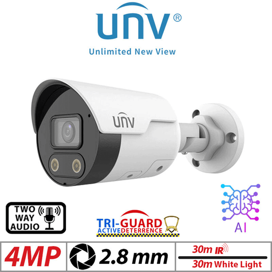 ????4MP UNIVIEW TRI-GUARD HD INTELLIGENT LIGHT AND AUDIBLE WARNING BULLET NETWORK CAMERA WITH 2 WAY AUDIO AND DEEP LEARNING ARTIFICIAL INTELLIGENCE 2.8MM IPC2124SB-ADF28KMC-I0