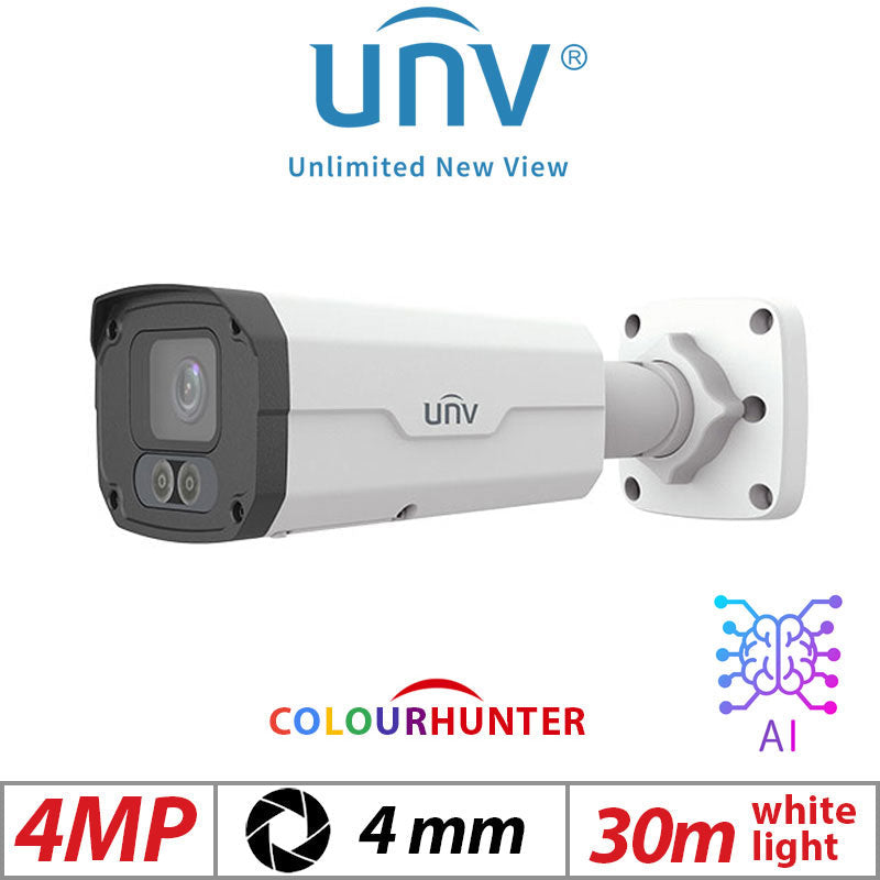 ??4MP UNIVIEW COLORHUNTER - 24/7 COLOUR - DUAL ILLUMINATORS BULLET NETWORK CAMERA WITH DEEP LEARNING ARTIFICIAL INTELLIGENCE 4MM IPC2224SE-DF40K-WL-I0