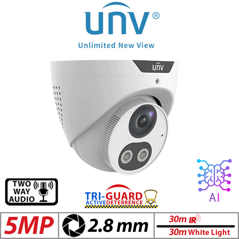 ???5MP UNIVIEW TRI-GUARD COLORHUNTER - 24/7 COLOUR - HD IR TURRET NETWORK CAMERA WITH LIGHT, AUDIBLE WARNING AND DEEP LEARNING ARTIFICIAL INTELLIGENCE 2.8MM IPC3615SB-ADF28KMC-I0