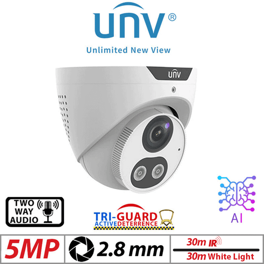 ???5MP UNIVIEW TRI-GUARD COLORHUNTER - 24/7 COLOUR - HD IR TURRET NETWORK CAMERA WITH LIGHT, AUDIBLE WARNING AND DEEP LEARNING ARTIFICIAL INTELLIGENCE 2.8MM IPC3615SB-ADF28KMC-I0