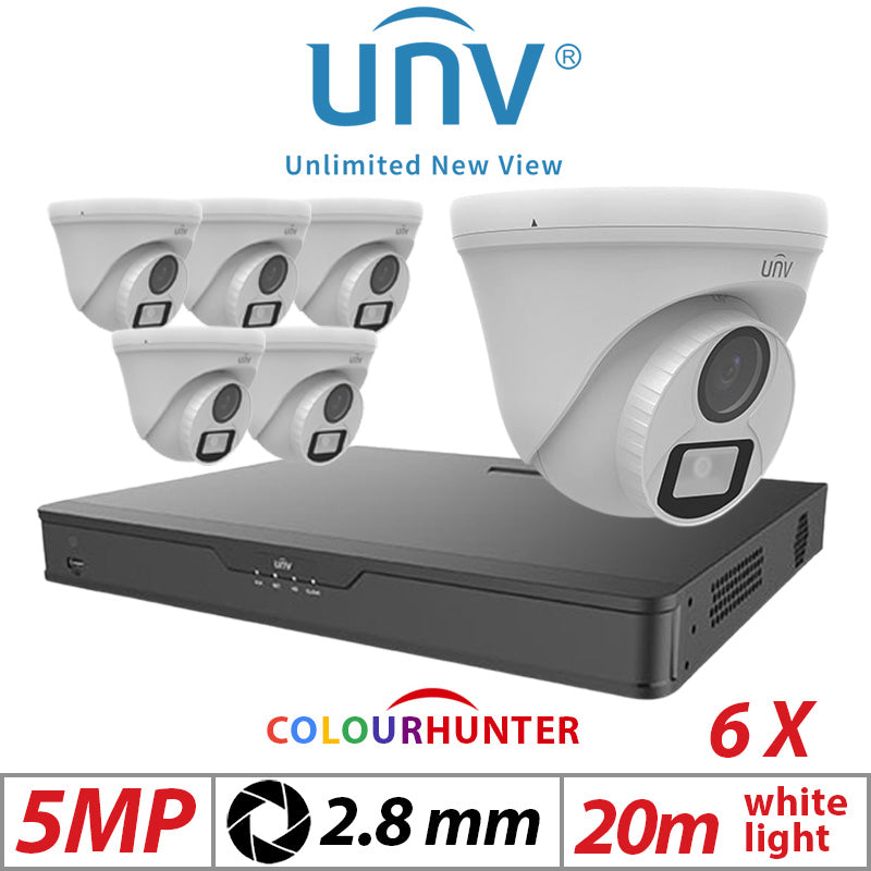 5MP 8CH UNIVIEW BNC KIT - 6X COLOURTHUNTER - 24/7 COLOUR - HD TURRET ANALOG CAMERA 2.8MM UAC-T115-F28-W