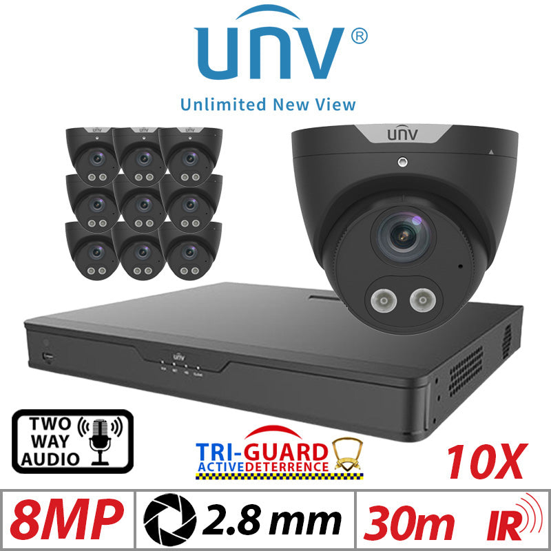 ????8MP 16CH UNIVIEW KIT - 10X - TRI-GUARD COLORHUNTER - 24/7 COLOUR - HD IR TURRET NETWORK CAMERA WITH LIGHT, AUDIBLE WARNING AND DEEP LEARNING ARTIFICIAL INTELLIGENCE 2.8MM IPC3618SB-ADF28KMC-I0 BLACK