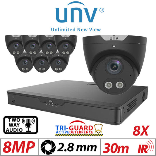 ????8MP 16CH UNIVIEW KIT - ?08X - TRI-GUARD COLORHUNTER - 24/7 COLOUR - HD IR TURRET NETWORK CAMERA WITH LIGHT, AUDIBLE WARNING AND DEEP LEARNING ARTIFICIAL INTELLIGENCE 2.8MM IPC3618SB-ADF28KMC-I0 BLACK