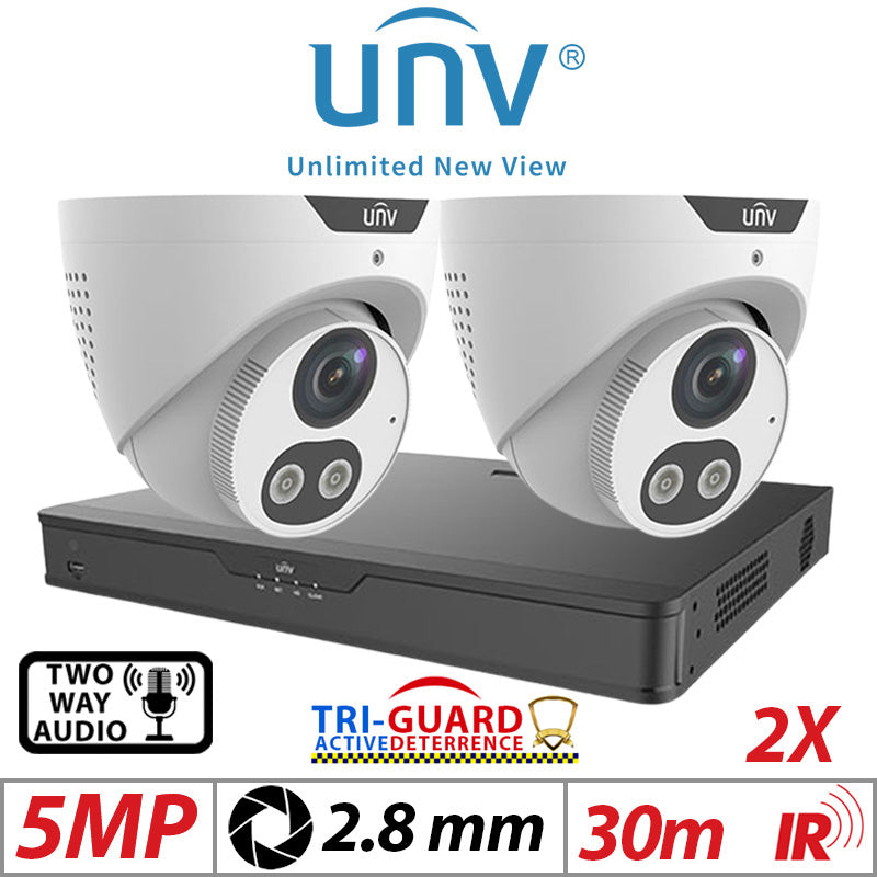 ?????5MP 4CH UNIVIEW KIT - 2X - TRI-GUARD COLORHUNTER - 24/7 COLOUR - HD IR TURRET NETWORK CAMERA WITH LIGHT, AUDIBLE WARNING AND DEEP LEARNING ARTIFICIAL INTELLIGENCE 2.8MM IPC3615SB-ADF28KMC-I0 WHITE