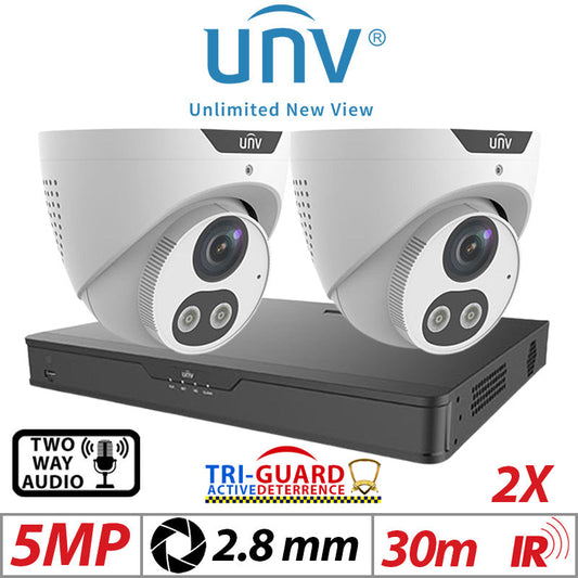 ?????5MP 4CH UNIVIEW KIT - 2X - TRI-GUARD COLORHUNTER - 24/7 COLOUR - HD IR TURRET NETWORK CAMERA WITH LIGHT, AUDIBLE WARNING AND DEEP LEARNING ARTIFICIAL INTELLIGENCE 2.8MM IPC3615SB-ADF28KMC-I0 WHITE